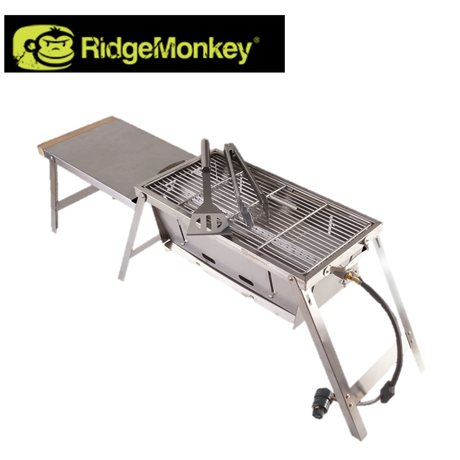 RidgeMonkey Grilla BBQ Dual Fuel grill with metal cooking surface and control knobs, ideal for outdoor grilling and barbecues.