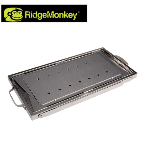 RidgeMonkey Grilla BBQ Dual Fuel grill with cooking surface and control knobs, suitable for outdoor grilling and barbecues.