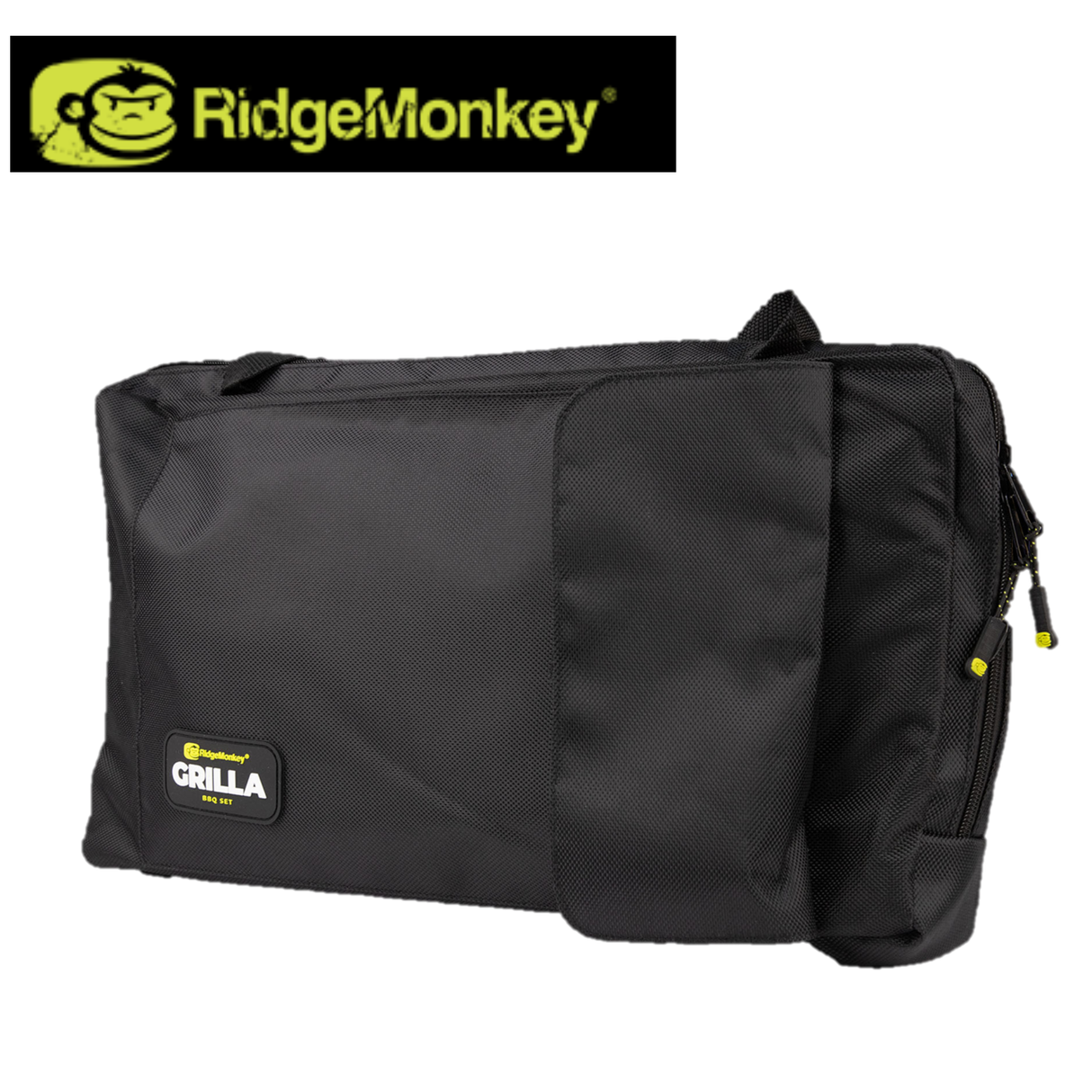 RidgeMonkey Grilla BBQ Dual Fuel grill with black cooking surface and control knobs, suitable for outdoor grilling and barbecues.