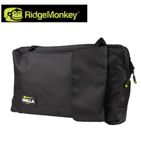 RidgeMonkey Grilla BBQ Dual Fuel grill with black cooking surface and control knobs, suitable for outdoor grilling and barbecues.