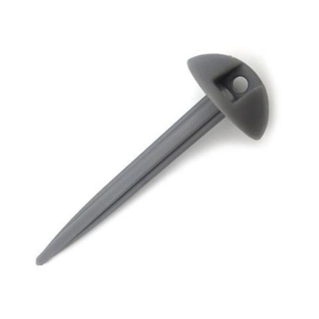 Grey plastic groundsheet peg by Pegs, shown individually, designed for securing ground tarps and tents.