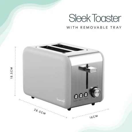 Streetwize grey toaster with two slots, modern design, and control knobs for toasting bread and bagels.