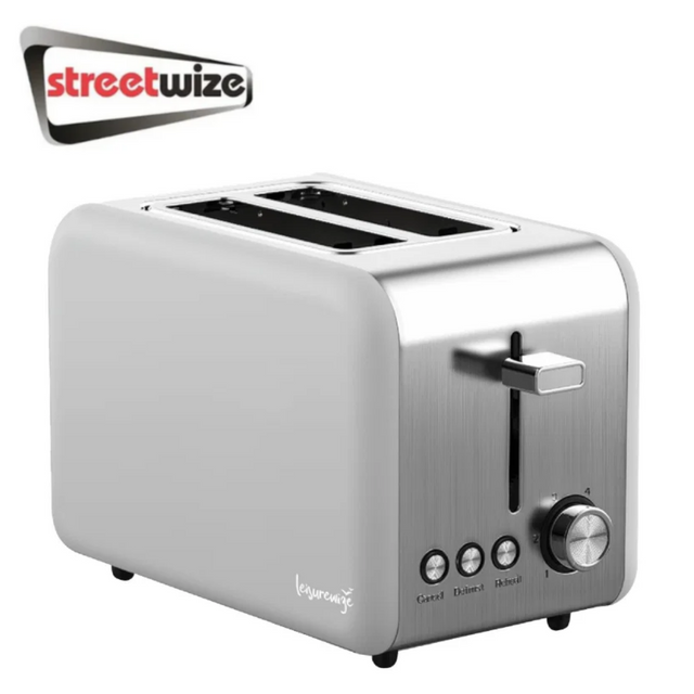 Streetwize Sleek Grey Toaster with two slots, modern design, and control knobs for toasting bread and bagels.