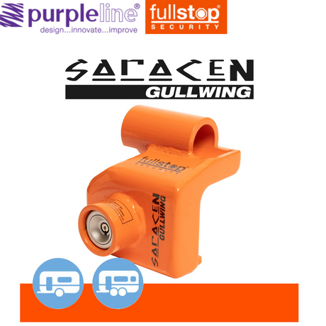 Purpleline Saracen Al-ko gullwing hitch lock for caravans, showing secure locking mechanism and durable design.