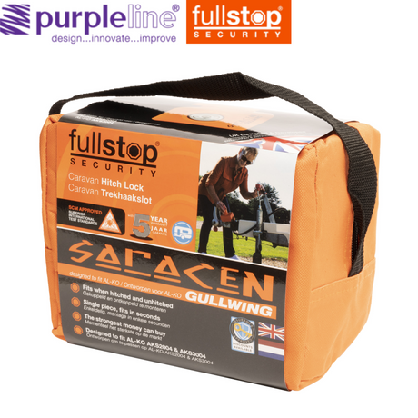 Purpleline Saracen Al-ko gullwing hitch lock for caravans, model AKS2004 & AKS3004, featuring a secure locking mechanism.