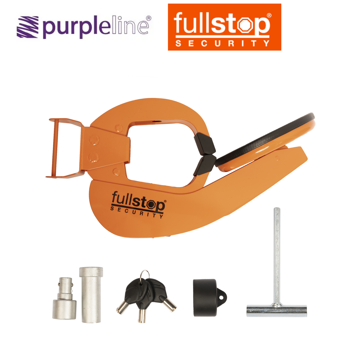 Purpleline Heavy Duty Nemesis Wheel Clamp securing a vehicle's tire for theft prevention and vehicle immobilization.