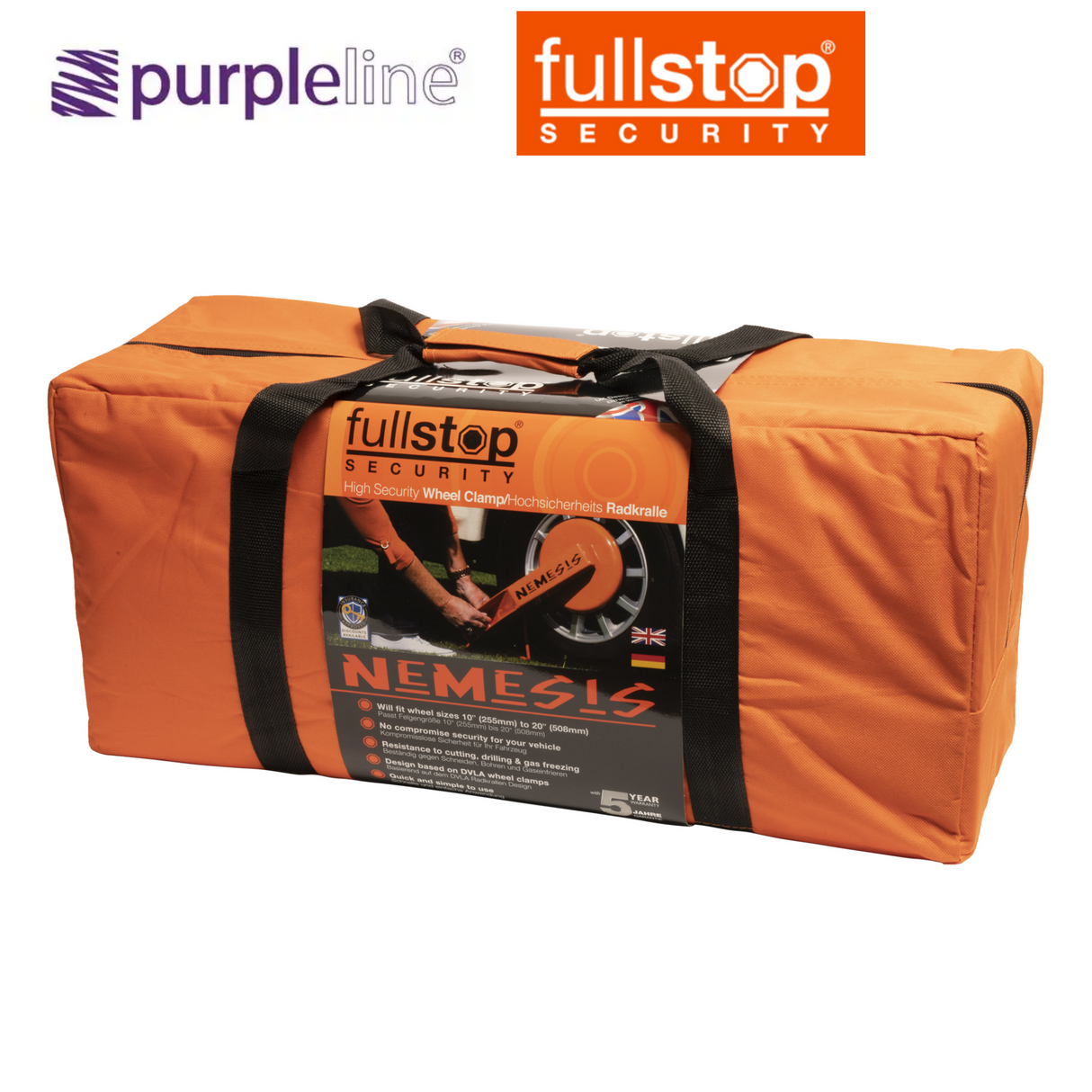 Purpleline Heavy Duty Nemesis Wheel Clamp securing a vehicle's wheel to prevent theft or unauthorized movement.