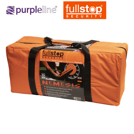 Purpleline Heavy Duty Nemesis Wheel Clamp secured on a wheel, showcasing its robust design and bright yellow color.