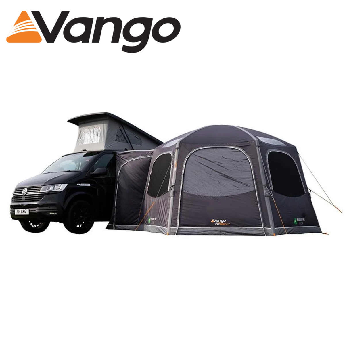 Vango Hexaway Pro Air Low Driveaway Awning with spacious interior and durable fabric set up beside a campervan.