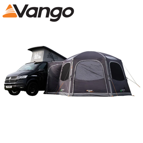 Vango Hexaway Pro Air Low Driveaway Awning with spacious interior and durable fabric set up beside a campervan.