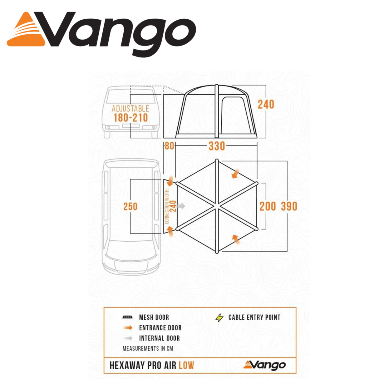 Vango Hexaway Pro Air Low Driveaway Awning set up next to a camper van, showcasing its spacious design and air beams.