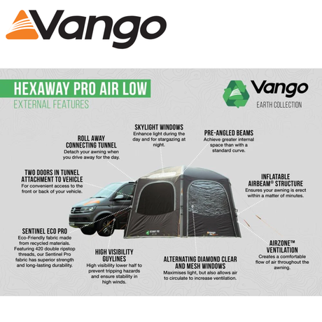 Vango Hexaway Pro Air Low Driveaway Awning set up beside a campervan, showcasing its spacious design and air beams.
