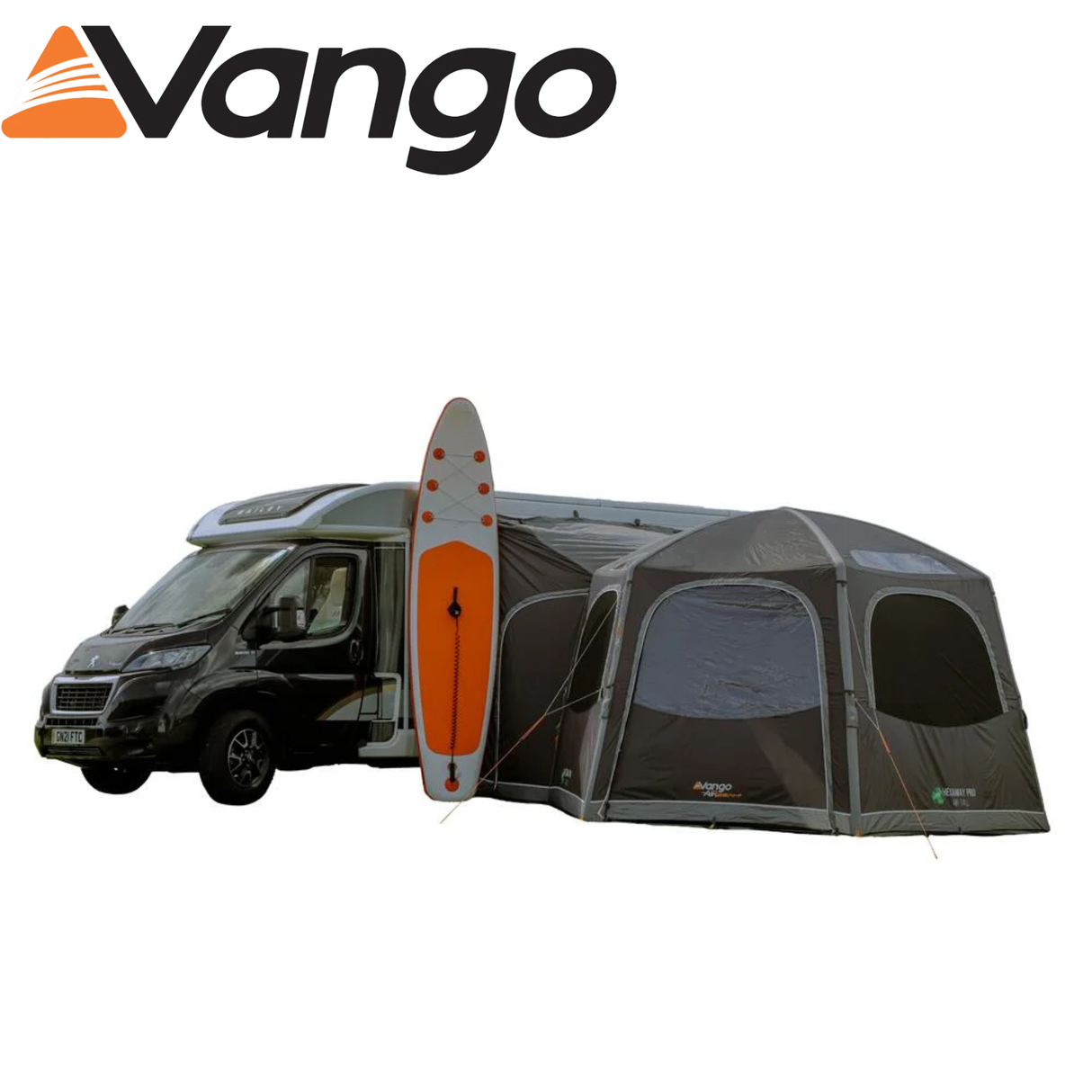 Vango Hexaway Pro Air Tall Driveaway Awning set up next to a campervan, showcasing its spacious design and air beams.