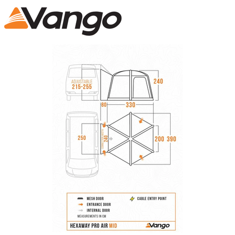 Vango Hexaway Pro Air Mid Driveaway Awning set up beside a vehicle, showcasing its spacious design and durable fabric.