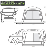 Outdoor Revolution Cayman Air high driveaway awning set up outdoors, showcasing its spacious design and sturdy construction.