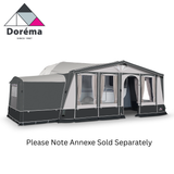 Dorema Horizon Air DeLuxe seasonal awning set up on a camper, showcasing its spacious and stylish design.