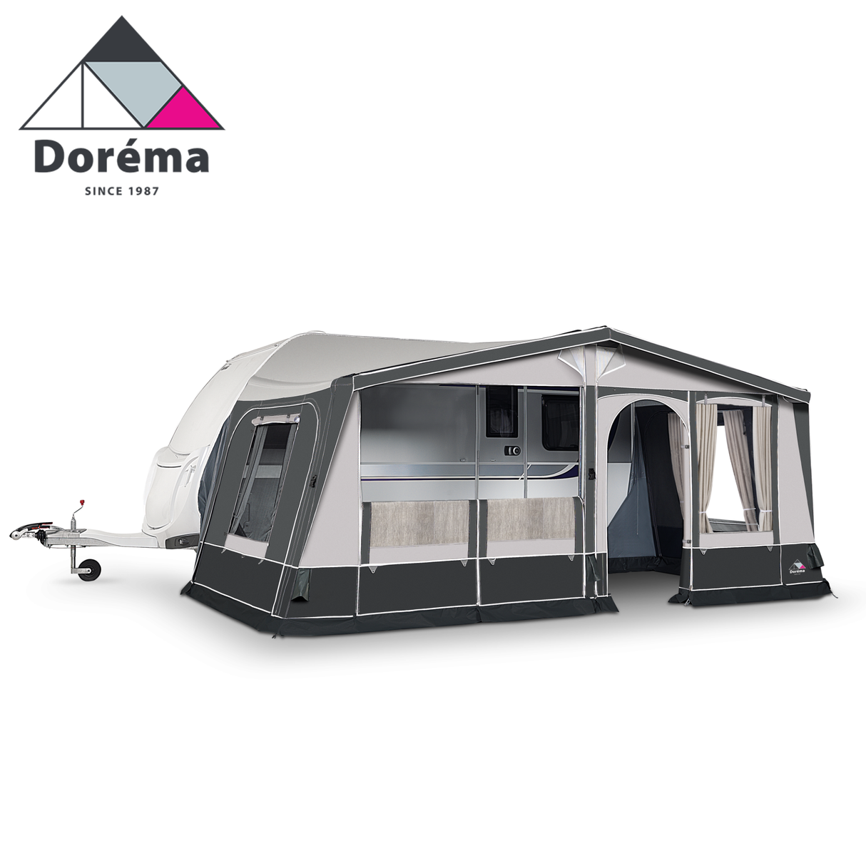 Dorema Horizon Air DeLuxe seasonal awning set up, showcasing its spacious design and durable fabric in a sunny outdoor setting.