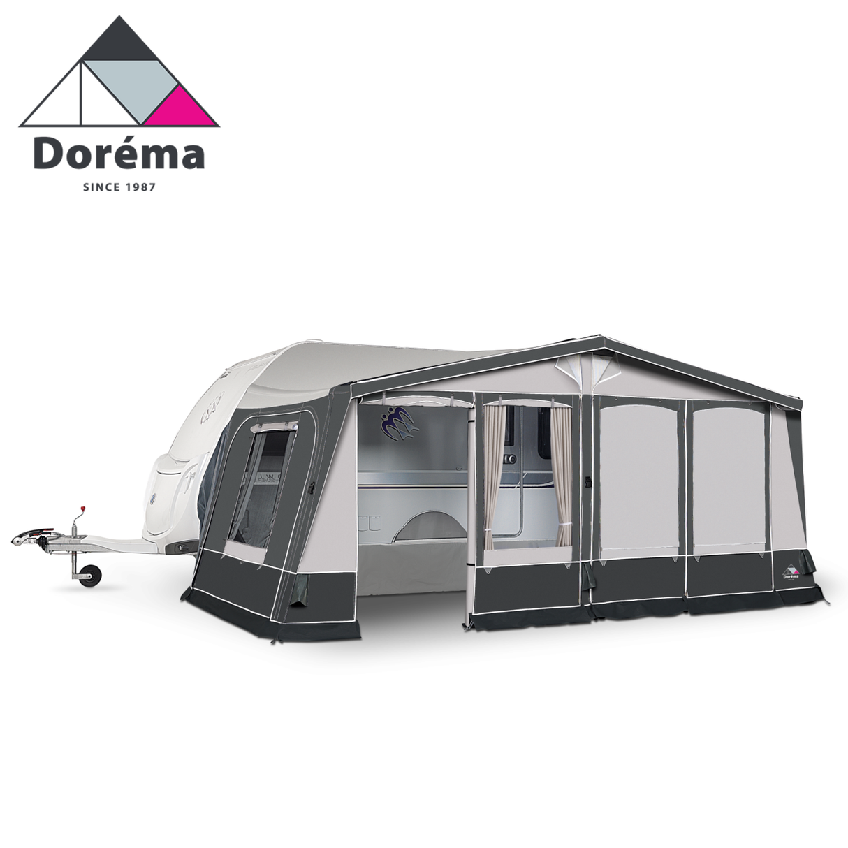 Dorema Horizon Air DeLuxe seasonal awning set up, showcasing its spacious design and durable fabric in a sunny outdoor setting.