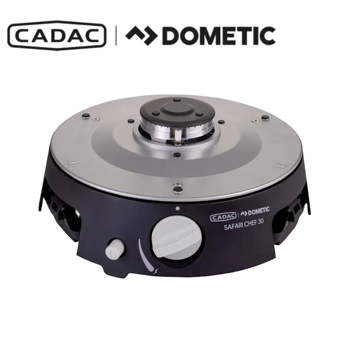 Cadac Dometic Safari Chef 30 HP Deluxe outdoor camping stove with multiple burners and compact design.
