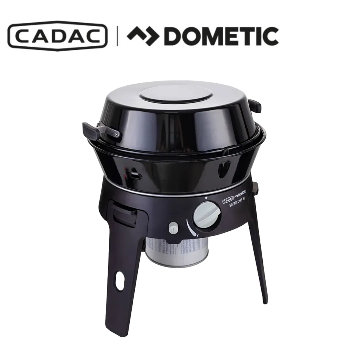 Cadac Dometic Safari Chef 30 HP Deluxe portable camping stove with multiple burners and compact design for outdoor cooking.