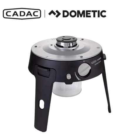 Cadac Dometic Safari Chef 30 HP Deluxe portable gas grill with stainless steel surface and compact design for outdoor cooking.