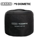 Cadac Dometic Safari Chef 30 HP Deluxe portable outdoor gas grill with cooking surfaces and control knobs.