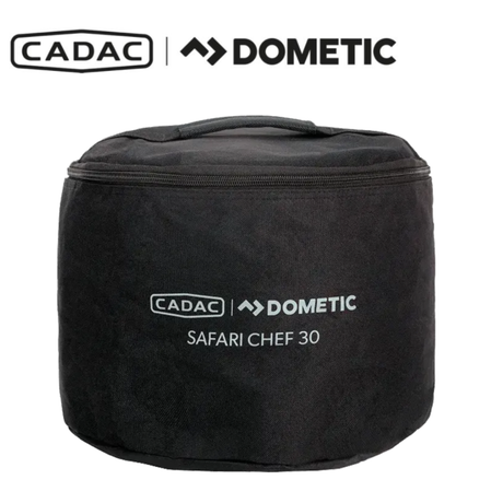 Cadac Dometic Safari Chef 30 HP Deluxe portable outdoor gas grill with cooking surfaces and control knobs.