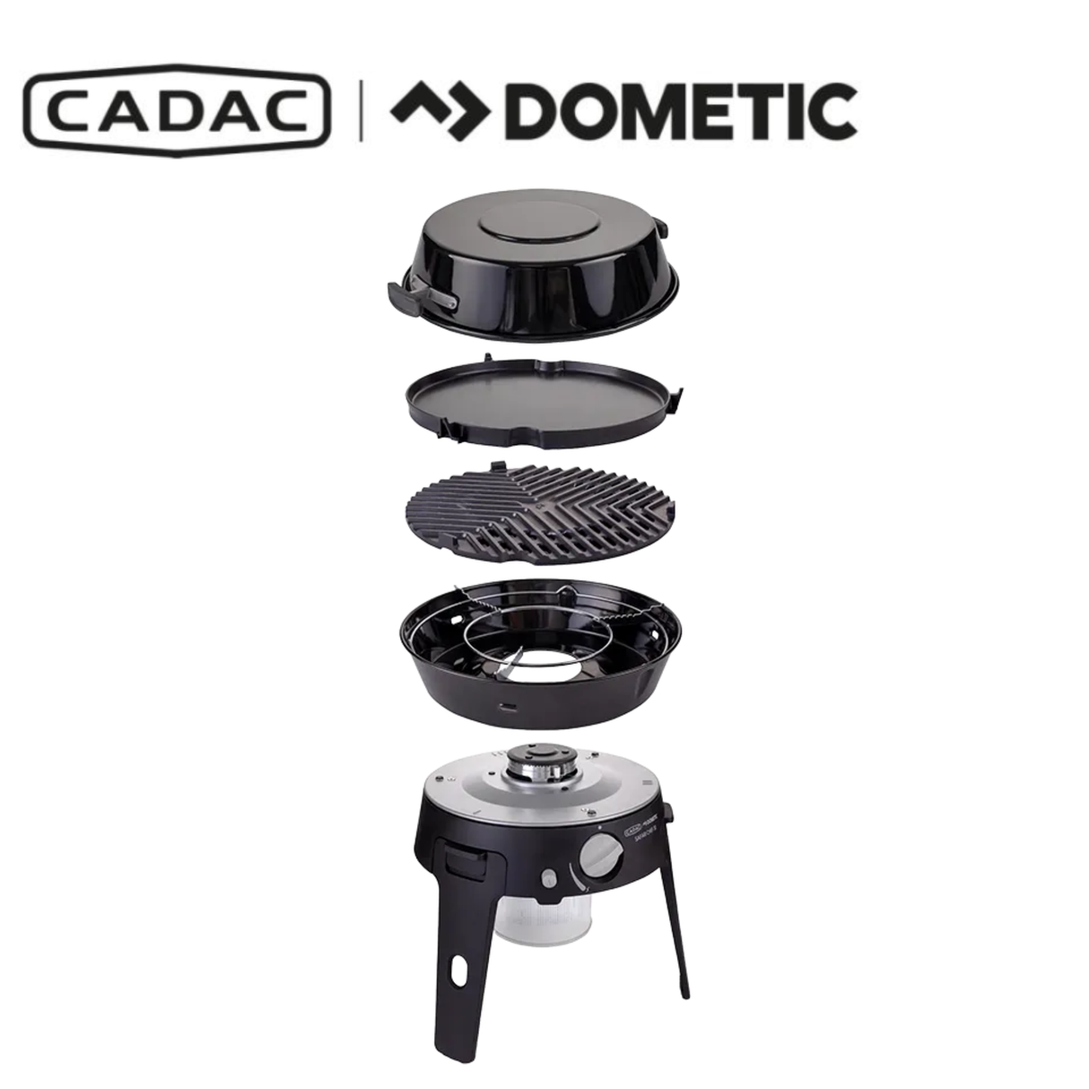 Cadac Dometic Safari Chef 30 HP Deluxe portable camping stove with four burners and compact design for outdoor cooking.