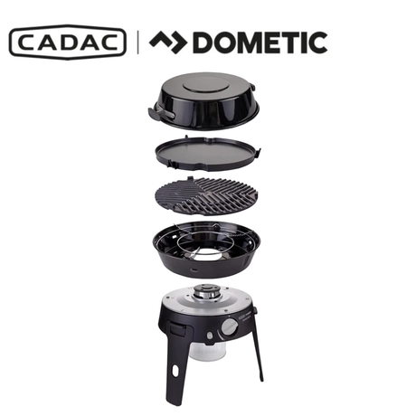 Cadac Dometic Safari Chef 30 HP Deluxe portable camping stove with four burners and compact design for outdoor cooking.