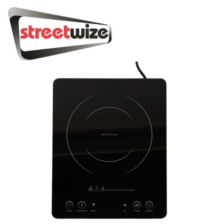 Streetwize single electric induction hob with smooth black surface and control panel, ideal for compact cooking spaces.