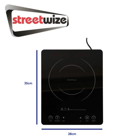 Streetwize single electric induction hob with smooth black surface and touch controls, ideal for portable cooking solutions.