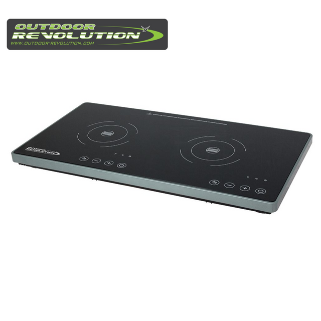 Outdoor Revolution electric double induction hob with two cooking zones and a sleek design for efficient meal preparation.