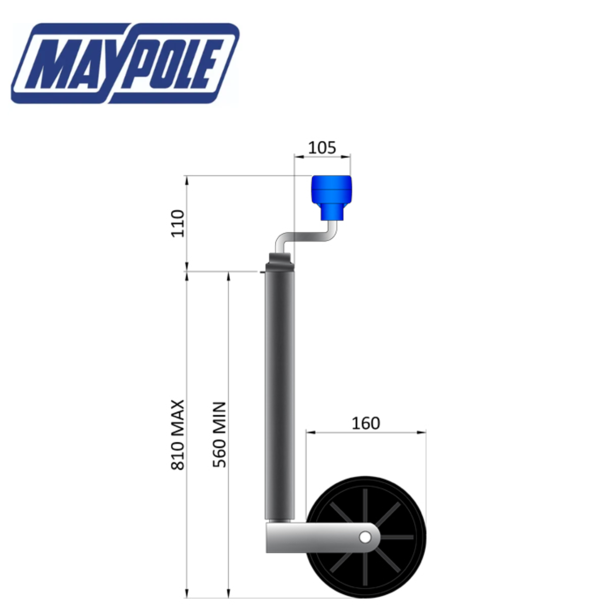 Maypole 34mm 75Kg telescopic jockey wheel with handle and mounting bracket for trailer stabilization and mobility.