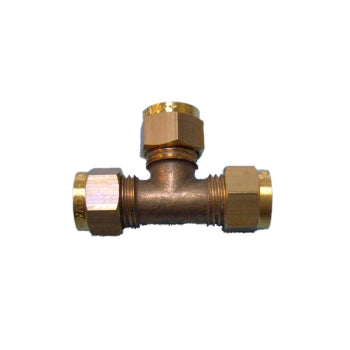 Copper gas fitting tee, 10mm x 10mm x 8mm, from Cannock Caravan Accessories, showing the T-shaped connector for plumbing systems.