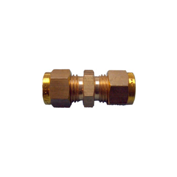 10mm equal copper gas fitting coupling by Cannock Caravan Accessories, showing the shiny metal connector on a plain background.