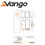 Vango Kela Pro Air Mid Driveaway Awning set up next to a campervan, showcasing its spacious design and airy structure.