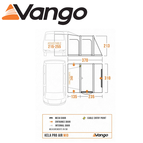 Vango Kela Pro Air Mid Driveaway Awning set up next to a campervan, showcasing its spacious design and airy structure.