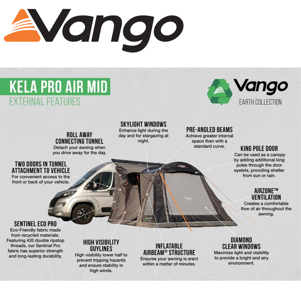 Vango Kela Pro Air Mid Driveaway Awning set up next to a campervan in a scenic outdoor setting.