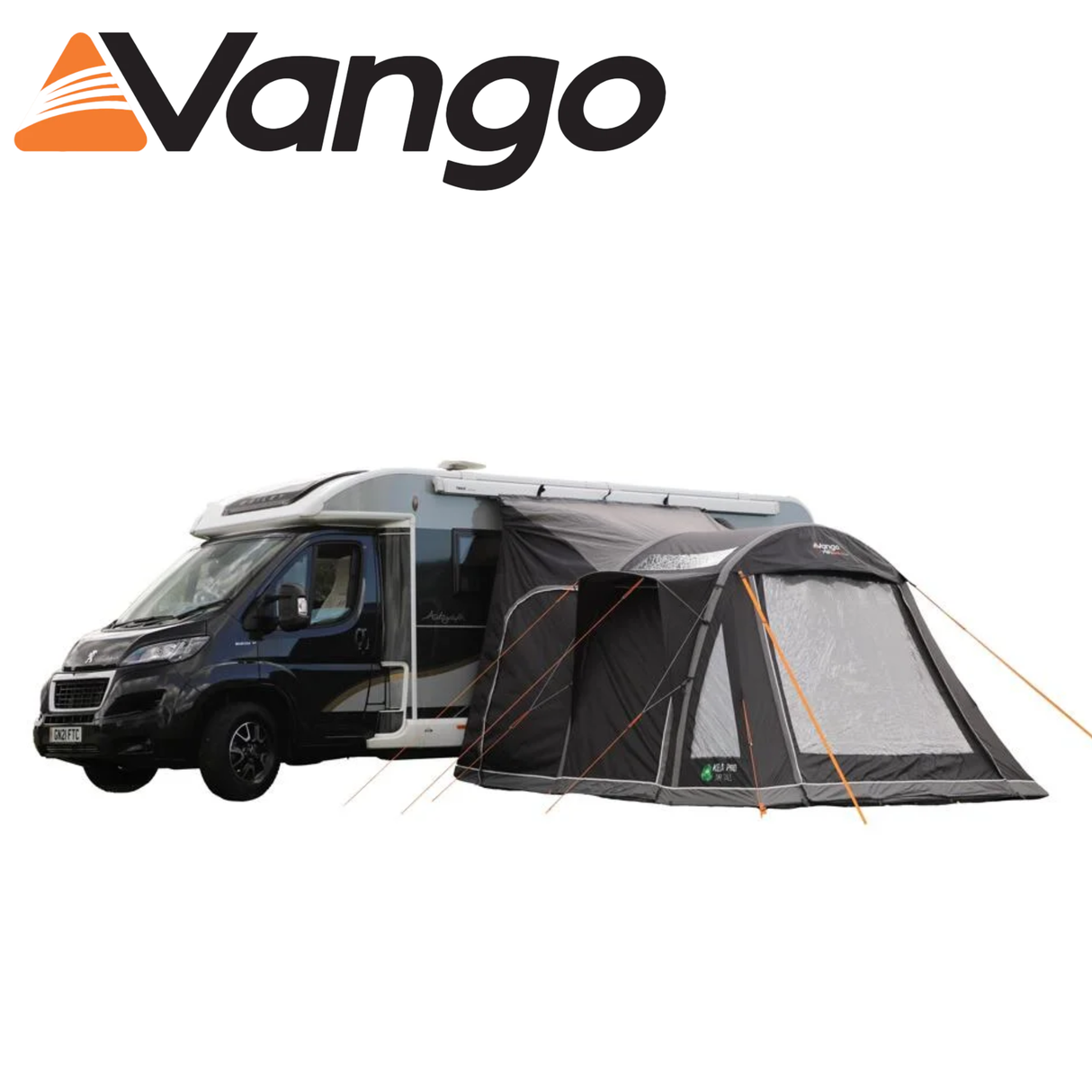 Vango Kela Pro Air Tall Driveaway Awning set up beside a campervan, showcasing its spacious design and air beams.
