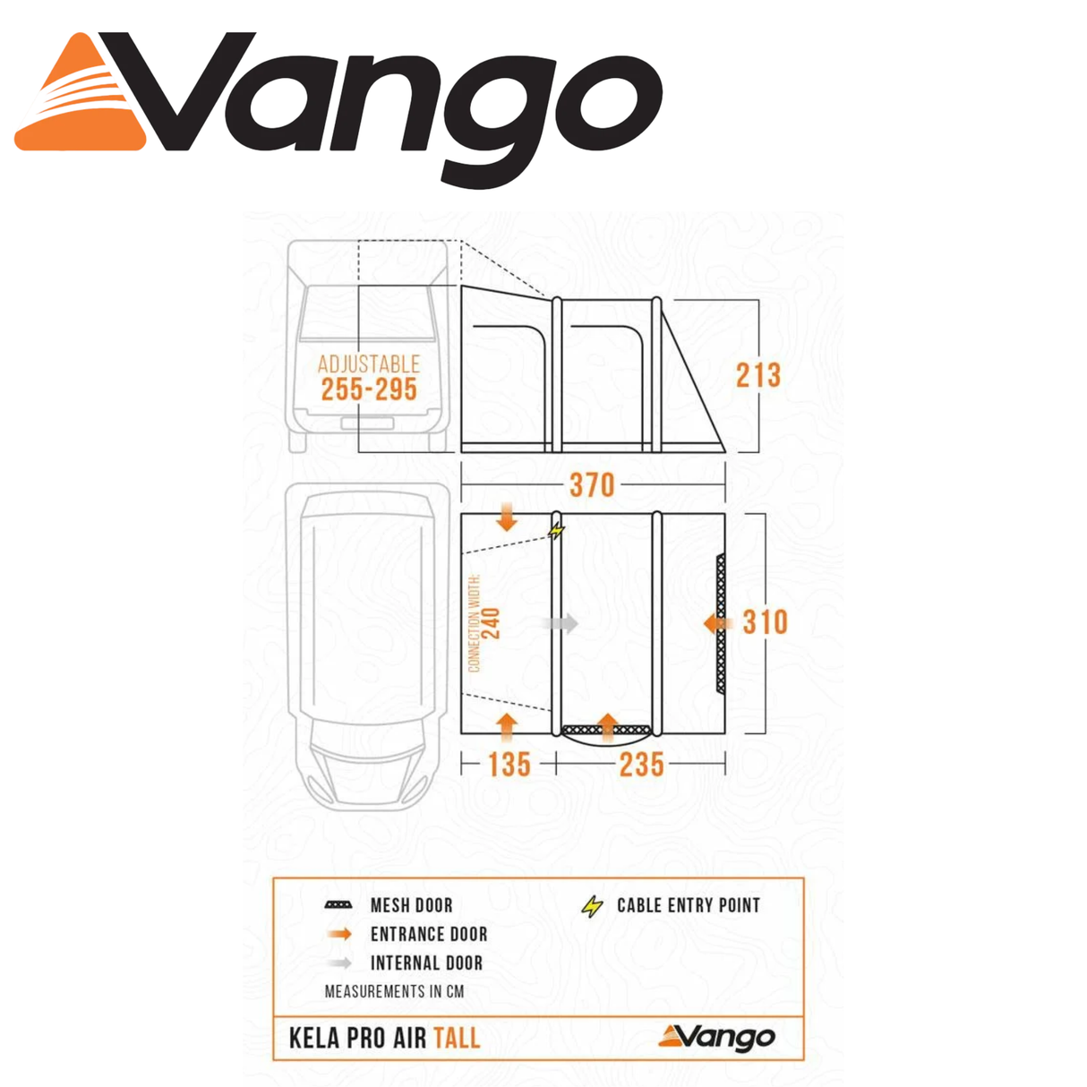 Vango Kela Pro Air Tall Driveaway Awning set up beside a campervan, showcasing its spacious design and airbeam structure.