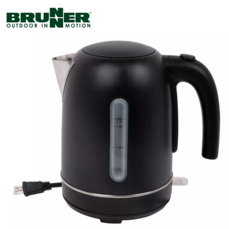 Brunner Minuwatt 1.7l kettle with stainless steel body and black handle, electric kettle for boiling water.
