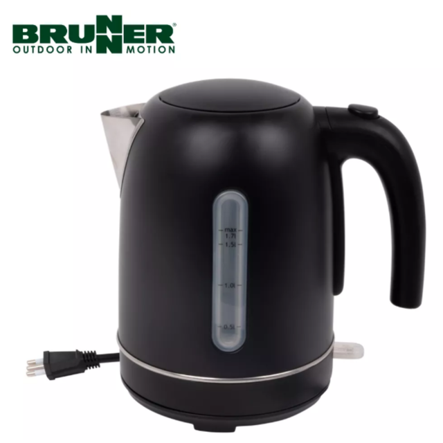 Brunner Minuwatt 1.7l kettle with stainless steel body and black handle, electric kettle for boiling water.