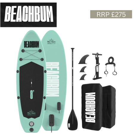Kids' machine green paddle boards bundle by BeachBum with two colorful inflatable paddle boards and paddles on a sunny beach.