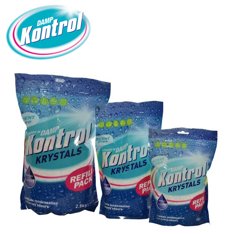 Damp Kontrol Krystals in a clear container, designed to absorb moisture and eliminate dampness without fragrance.