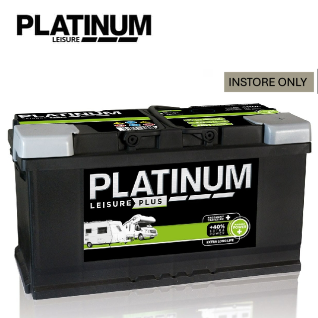 Platinum Leisure Battery LB6110L 12V leisure battery with black casing, designed for RVs and camping applications.