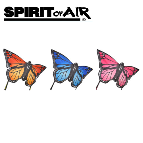 Large Spirit of Air Monarch Butterfly kite with vibrant orange and black wings, soaring in a clear blue sky.