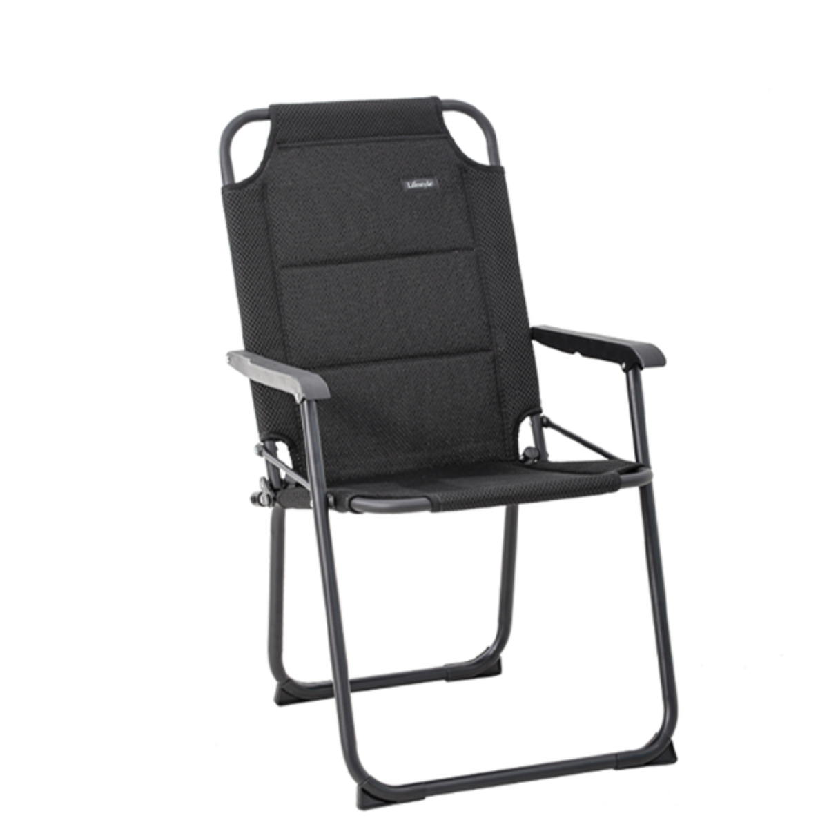 Navarra folding chair in black with a sturdy frame and padded seat, ideal for indoor and outdoor seating.