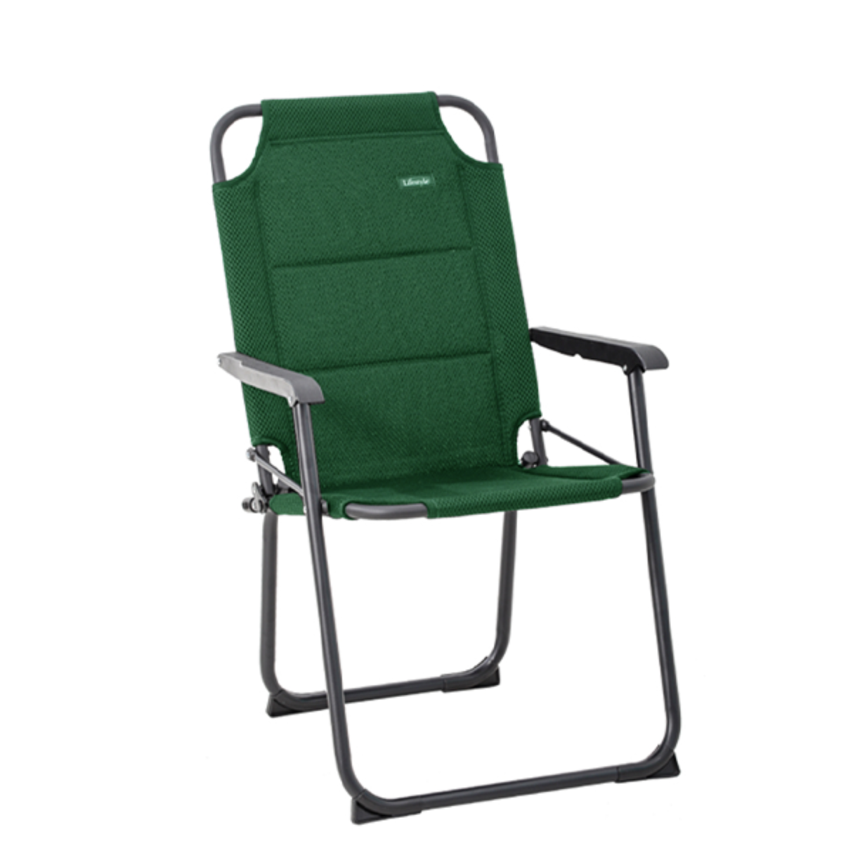 Green Navarra Leon folding chair with sturdy metal frame and fabric seat, designed for indoor and outdoor use.