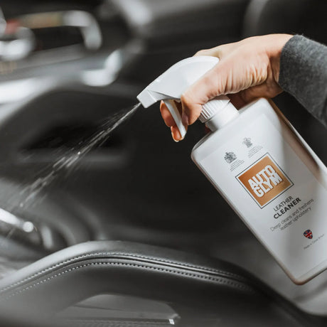 Autoglym Leather Cleaner bottle on a neutral background, designed for effective vehicle leather care.