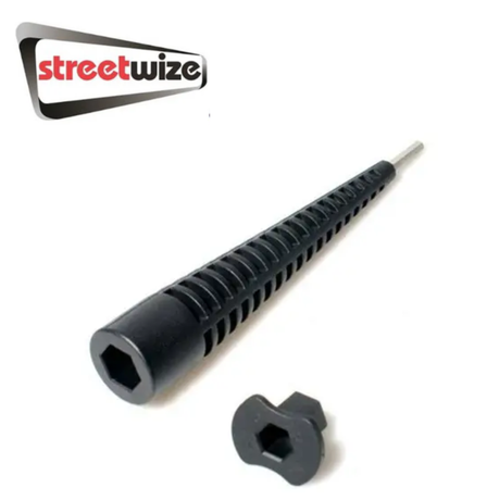 Streetwize Corner Steady Drill Adapter attached to a drill, showing its sturdy leg support for precise corner drilling tasks.